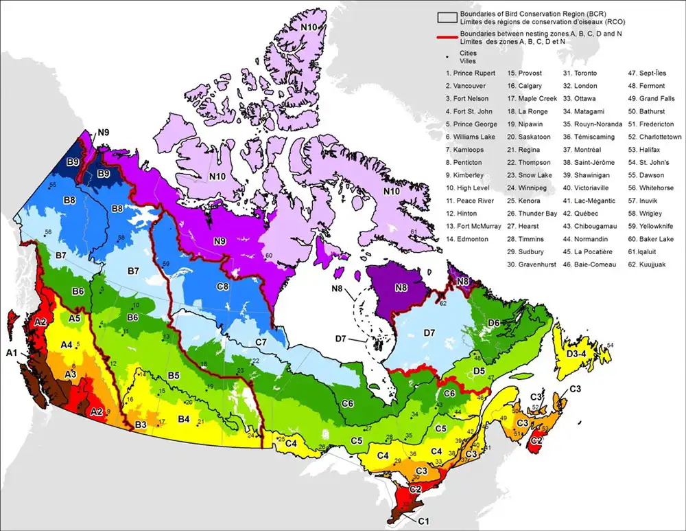 Map of Canada Bird Nesting Zones